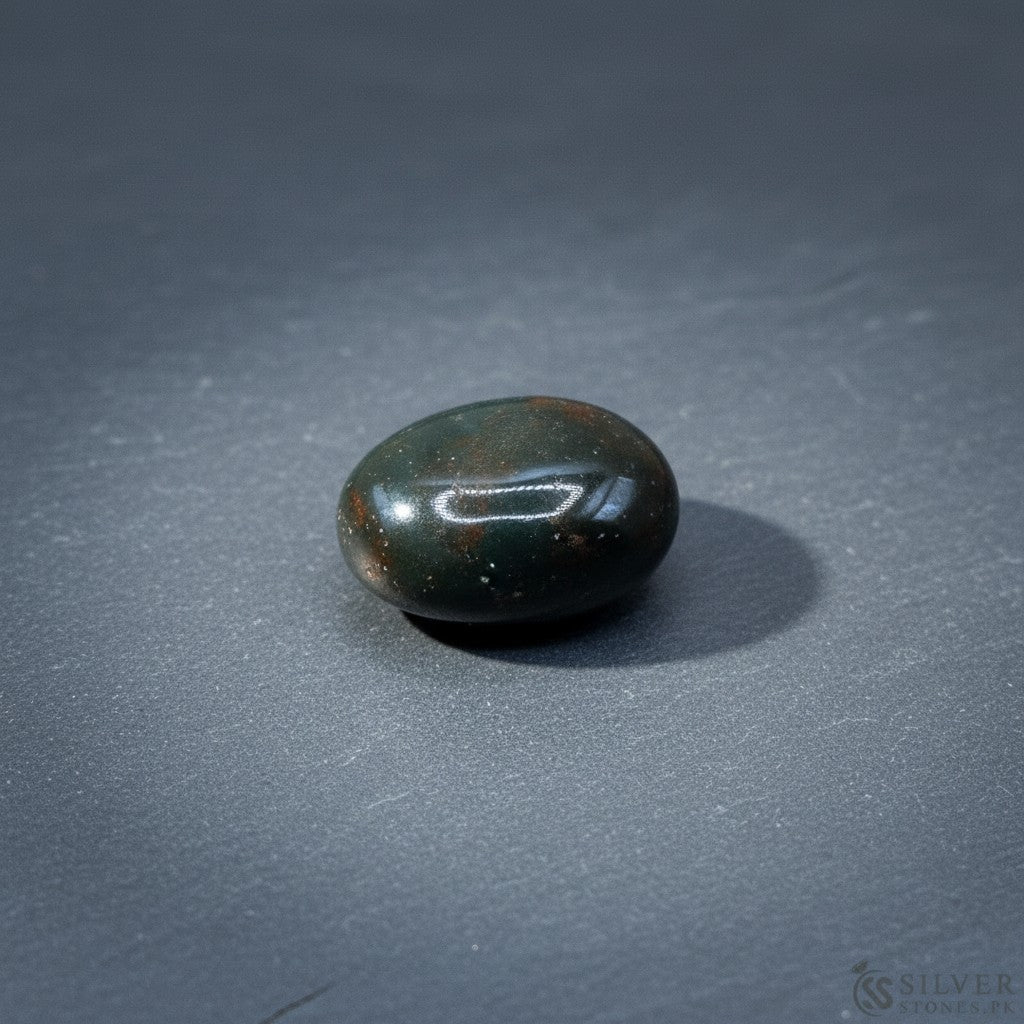 SilverStones.Pk real bloodstone gemstone, deep green with red inclusions, oval polished stone.