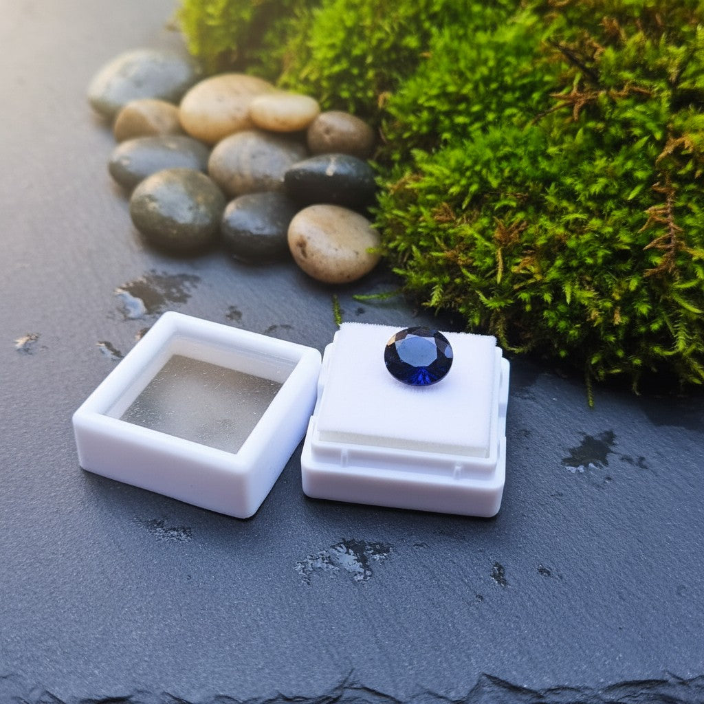 SilverStones.Pk 4.20 carat round cut natural blue sapphire gemstone from Africa, displayed in a white jewelry box.