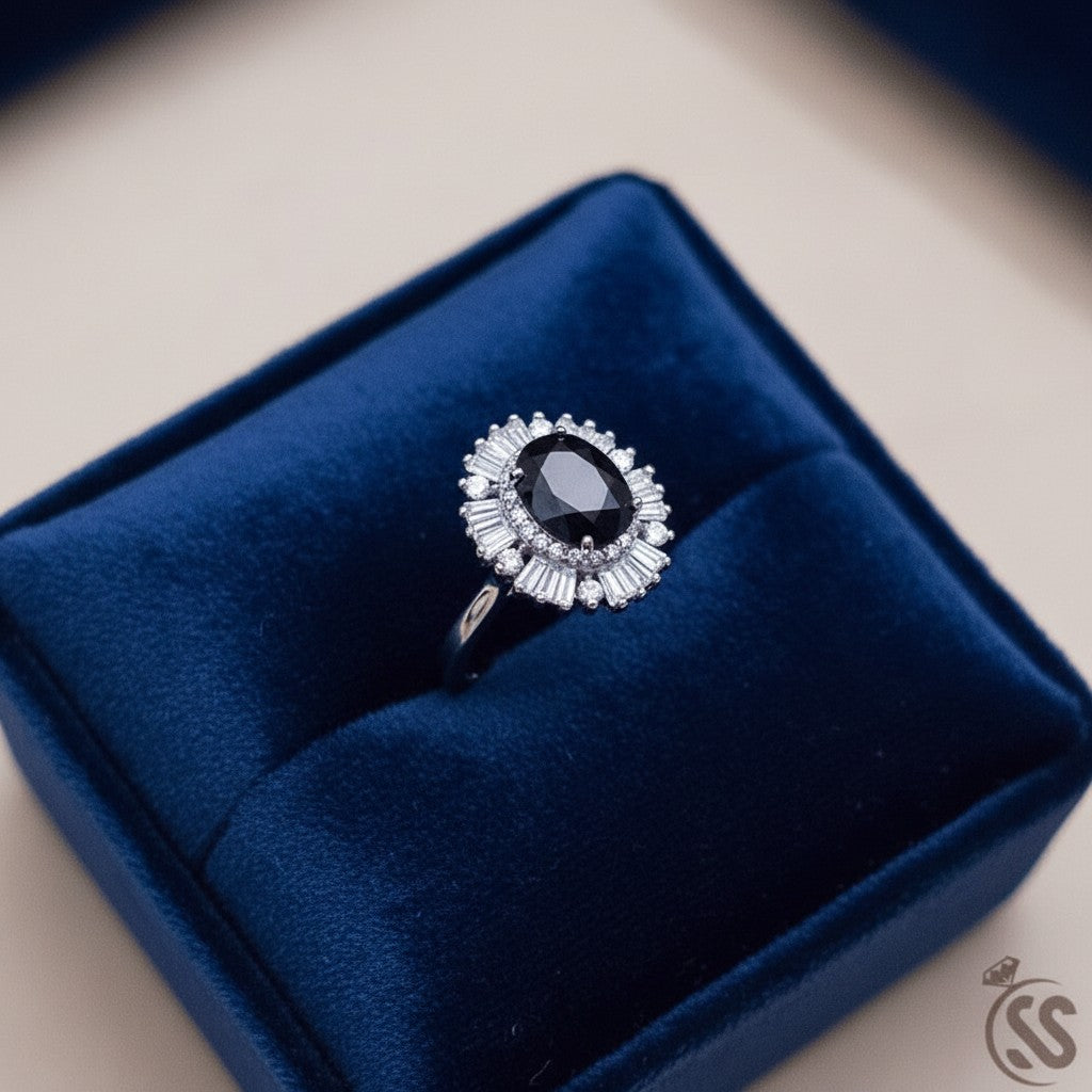 SilverStones.Pk oval blue sapphire ring with surrounding clear stones, 925 sterling silver, for ladies.