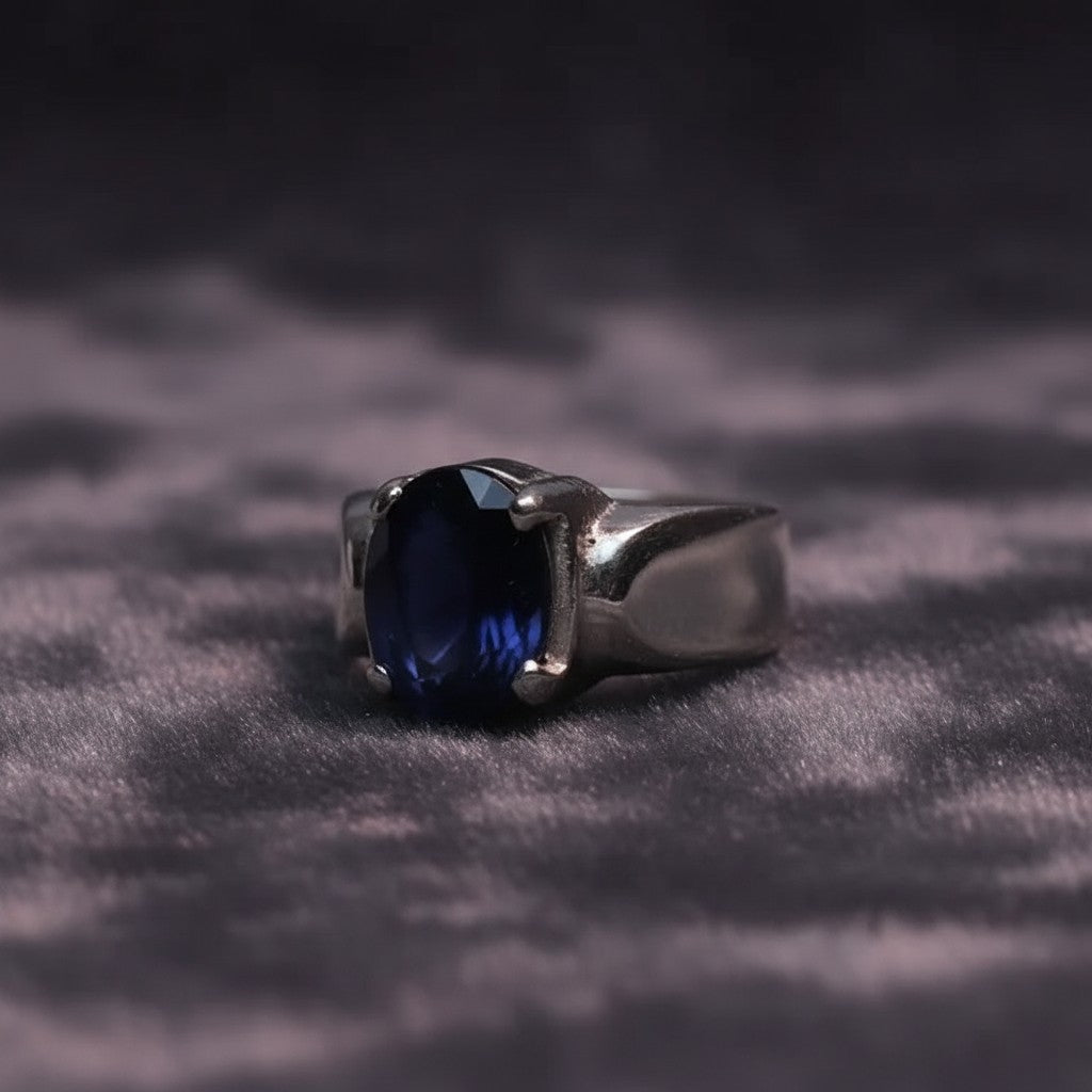 SilverStones.Pk men's silver ring with a 5-carat oval blue sapphire (Neelam) gemstone.