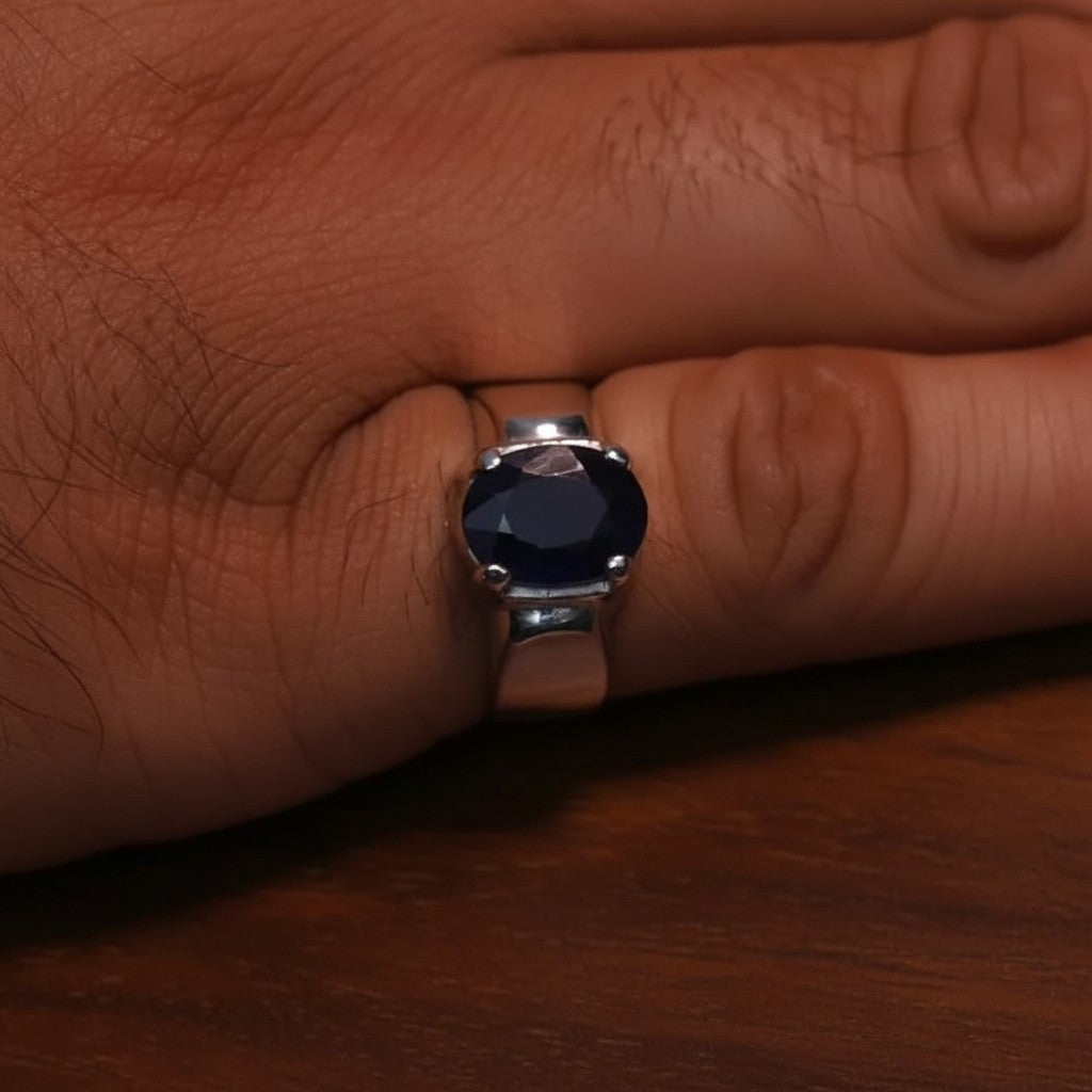SilverStones.Pk men's silver ring with a 5-carat oval blue sapphire (Neelam) gemstone.