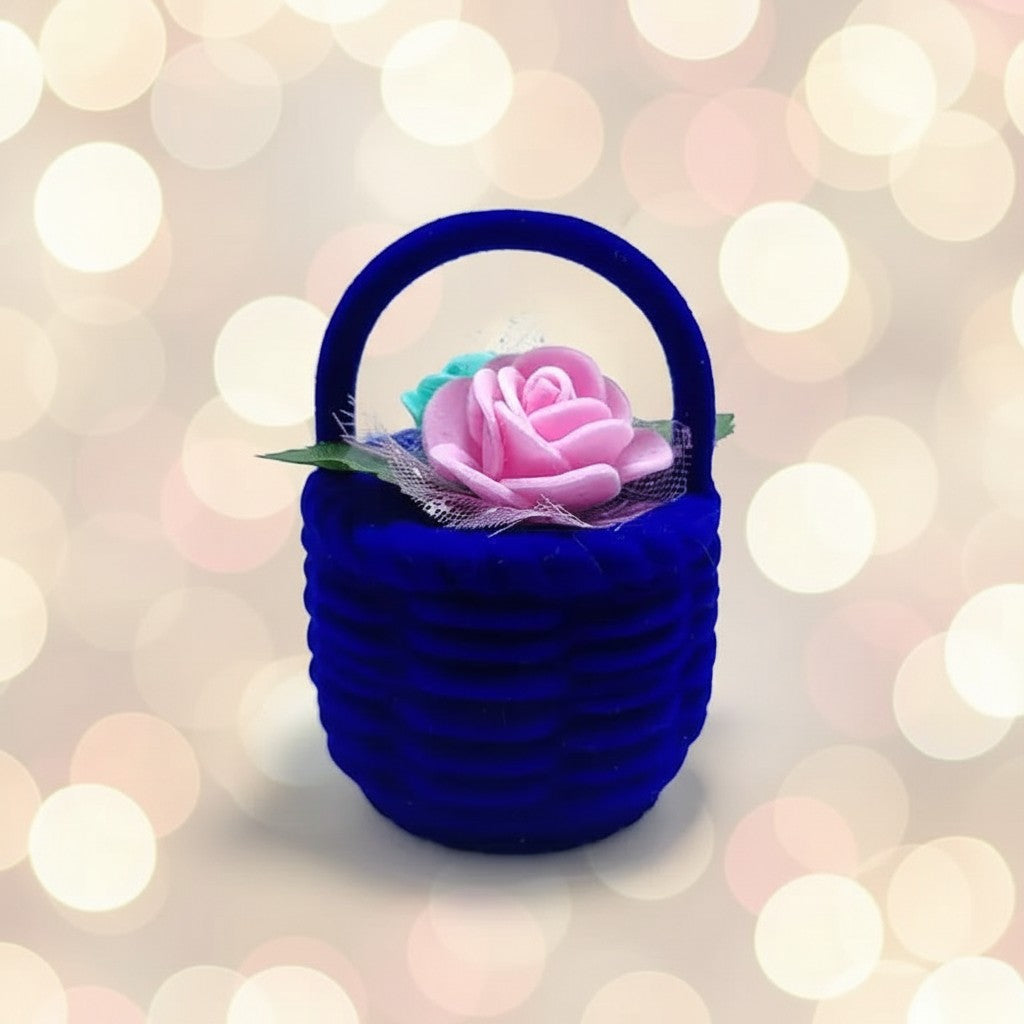 SilverStones.Pk blue velvet ring box with pink rose and handle, ideal for proposals.