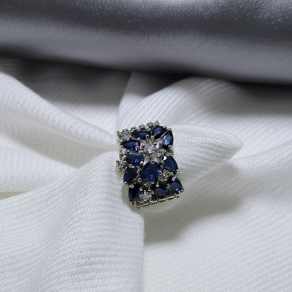 SilverStones.Pk designer ladies ring with marquise-cut blue zircon stones and small clear zircon accents.