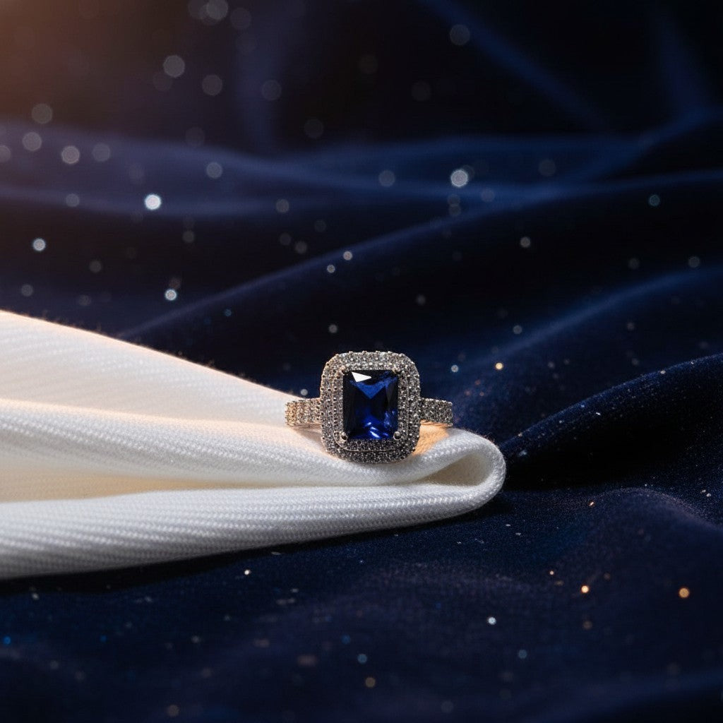 SilverStones.Pk elegant ladies ring with a central square deep blue zircon surrounded by small clear zircons. Silver band.