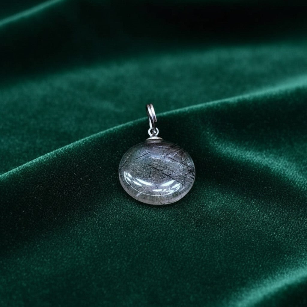 SilverStones.Pk clear quartz pendant with black inclusions, round, unisex, spiritual jewelry.