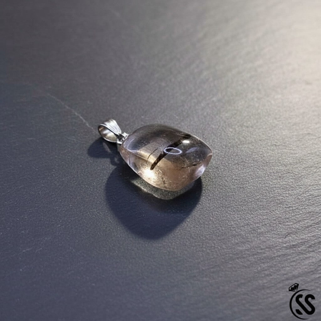 SilverStones.Pk clear quartz pendant with dark inclusions, metal hook, unisex spiritual jewelry.