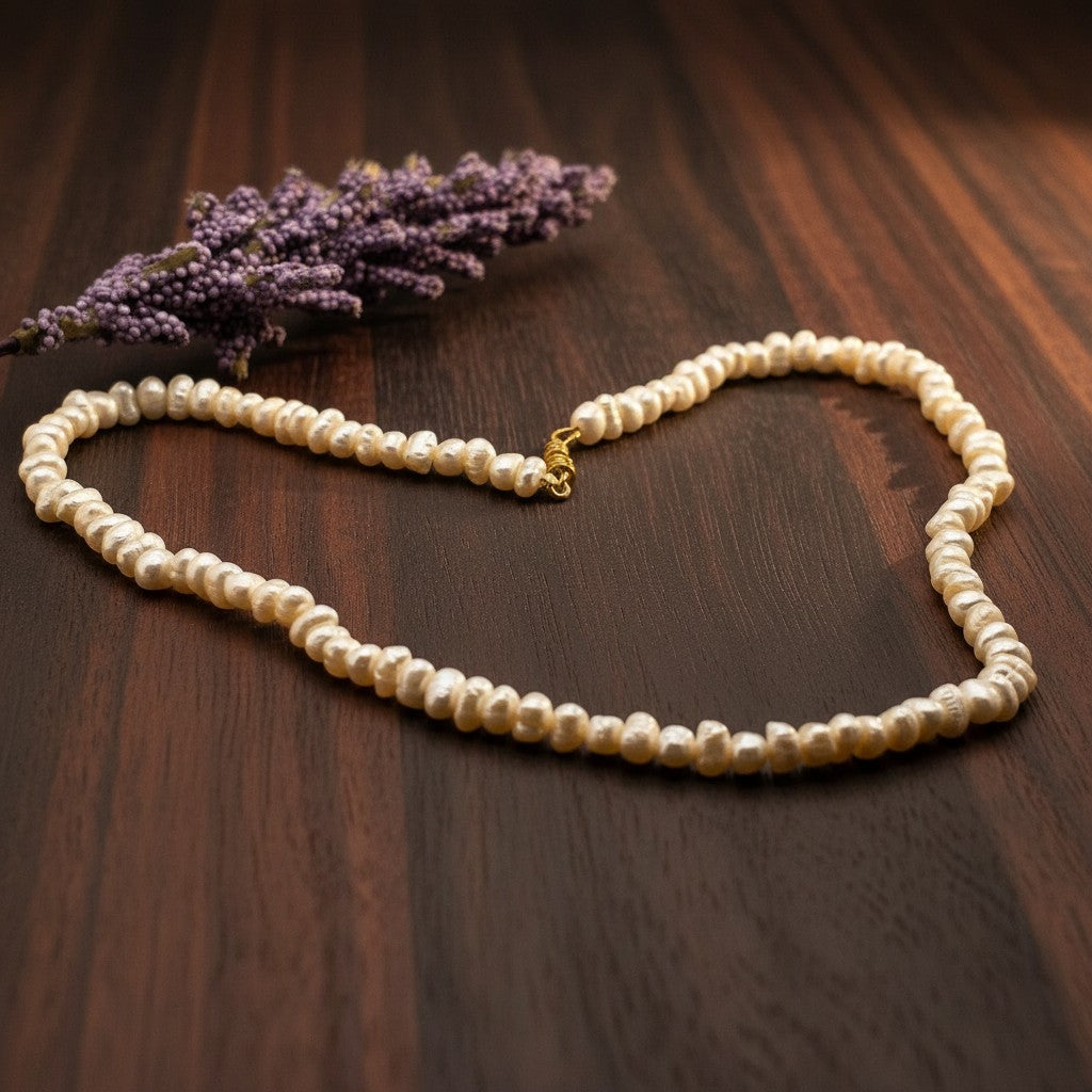 SilverStones.Pk cream freshwater pearl necklace with gold clasp and purple lavender sprig on white satin.