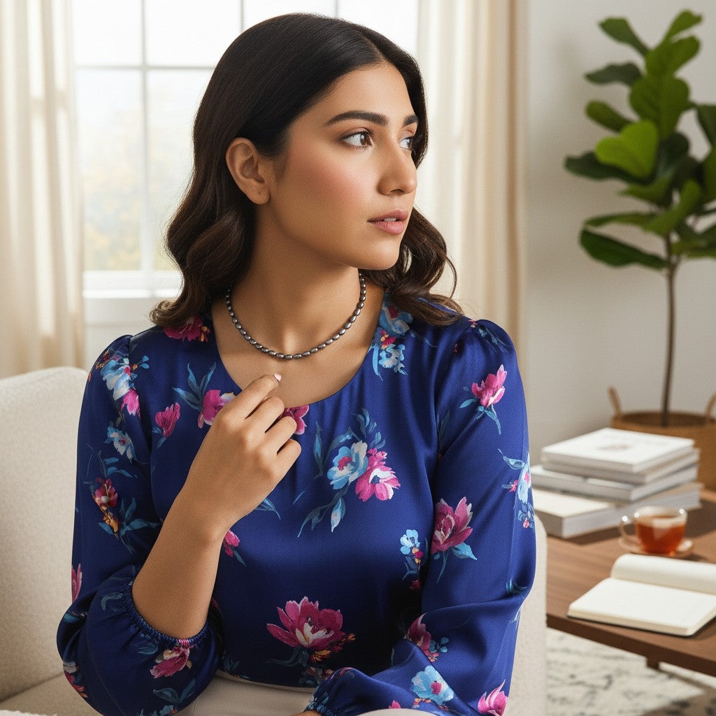 SilverStones.Pk dark grey real pearl necklace on a woman wearing a blue floral dress.