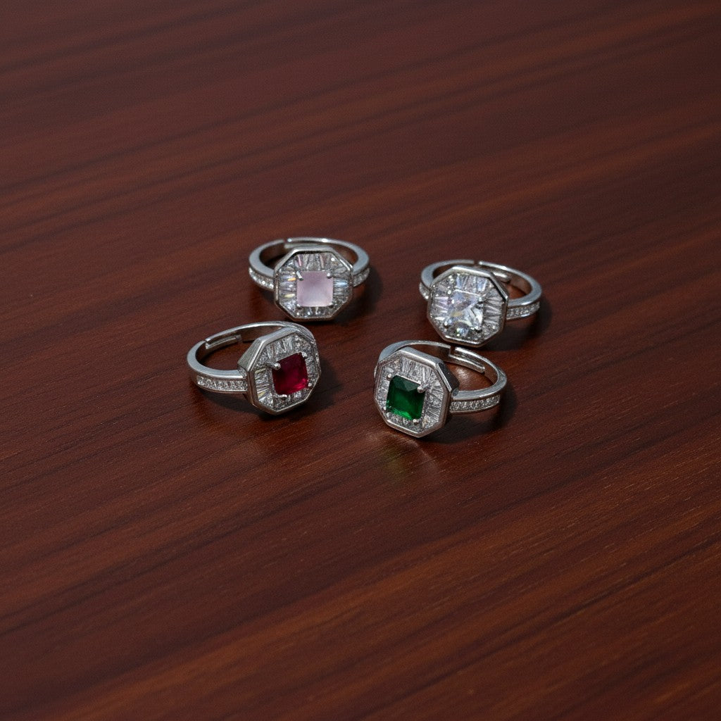 SilverStones.Pk designer ladies rings with square zircon stones in clear, pink, red, and green. Elegant, adjustable, and shiny.