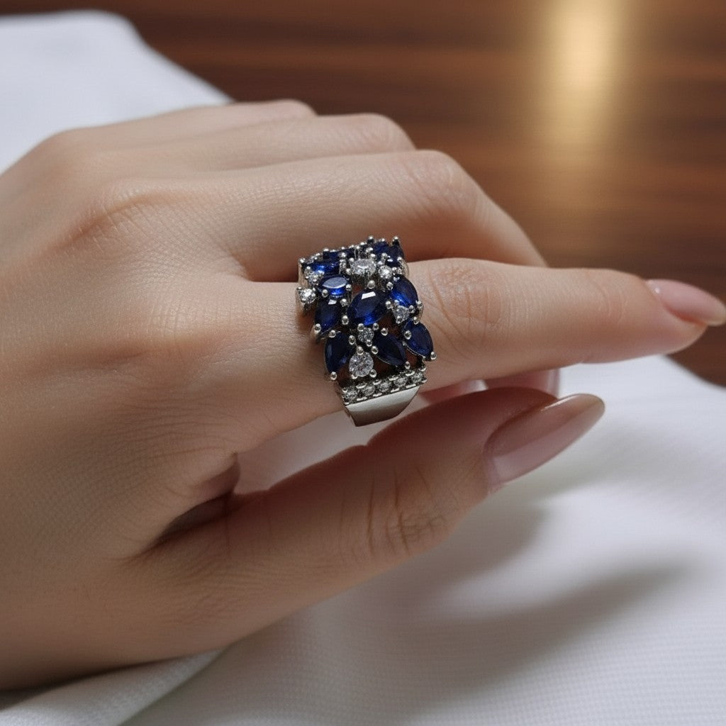 SilverStones.Pk designer ladies rings with clear, blue, and green zircon stones. Elegant, shiny, and perfect for special occasions.