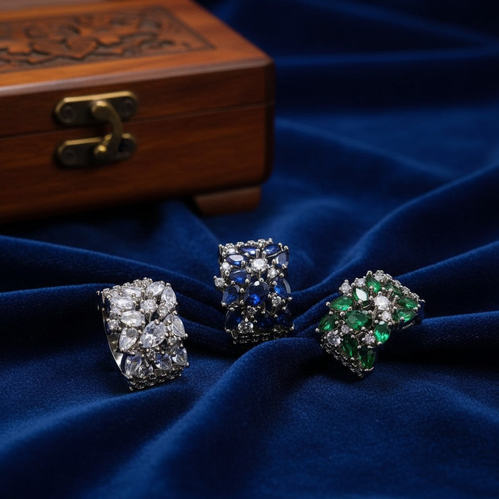 SilverStones.Pk designer ladies rings with clear, blue, and green zircon stones. Elegant, high-quality imitation jewelry.