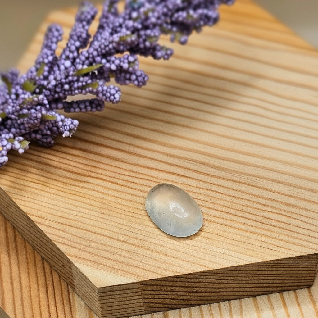 SilverStones.Pk oval cabochon Dur-e-Najaf gemstone, clear with subtle milky inclusions, on a wooden block with lavender sprigs.