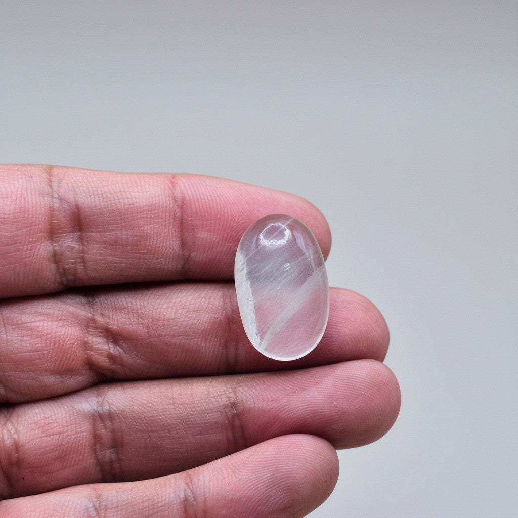 SilverStones.Pk oval clear quartz Dur-e-Najaf gemstone with internal white inclusions, held in hand.