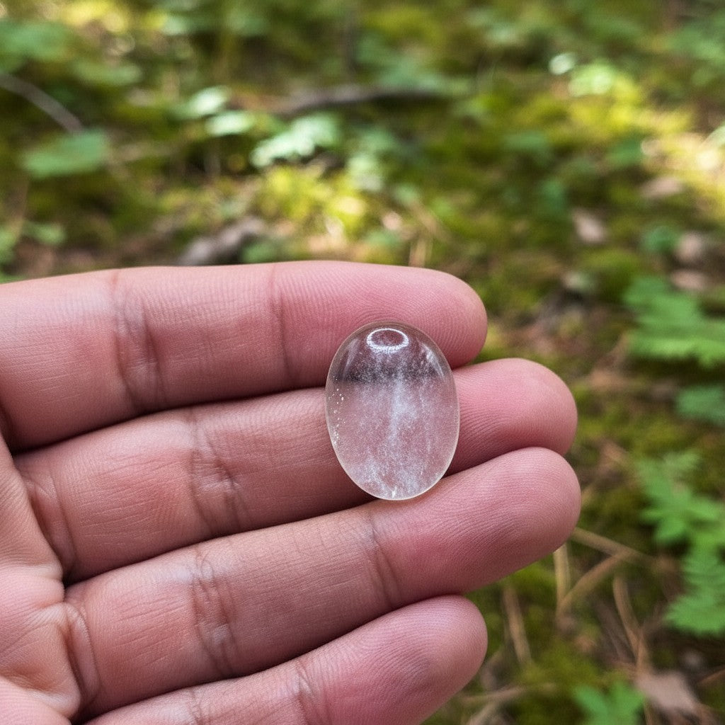 SilverStones.Pk oval clear quartz Dur-e-Najaf gemstone with white inclusions, held in hand.