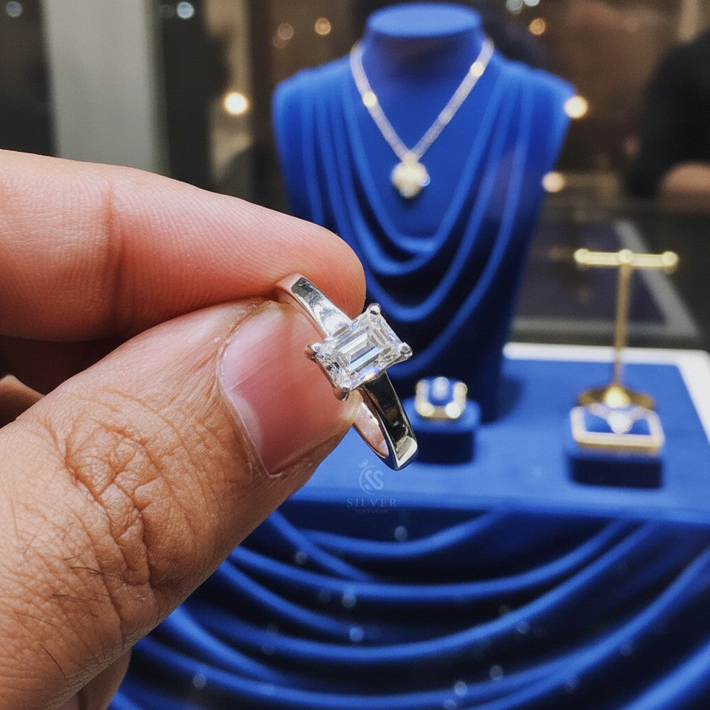 SilverStones.Pk ladies' 1 carat emerald-cut moissanite diamond ring in sterling silver.