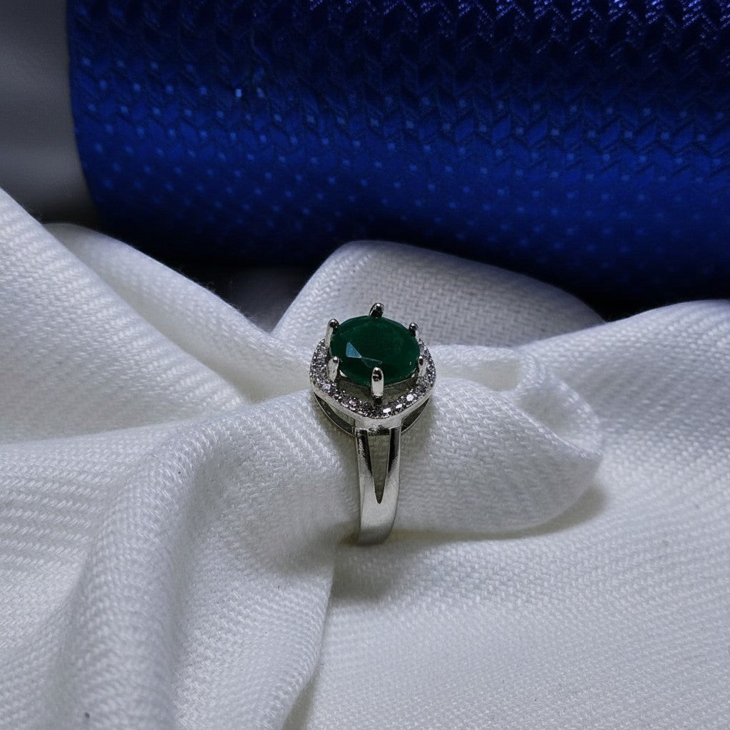 SilverStones.Pk emerald green zircon halo ring with color silver band, ideal for parties and daily wear.