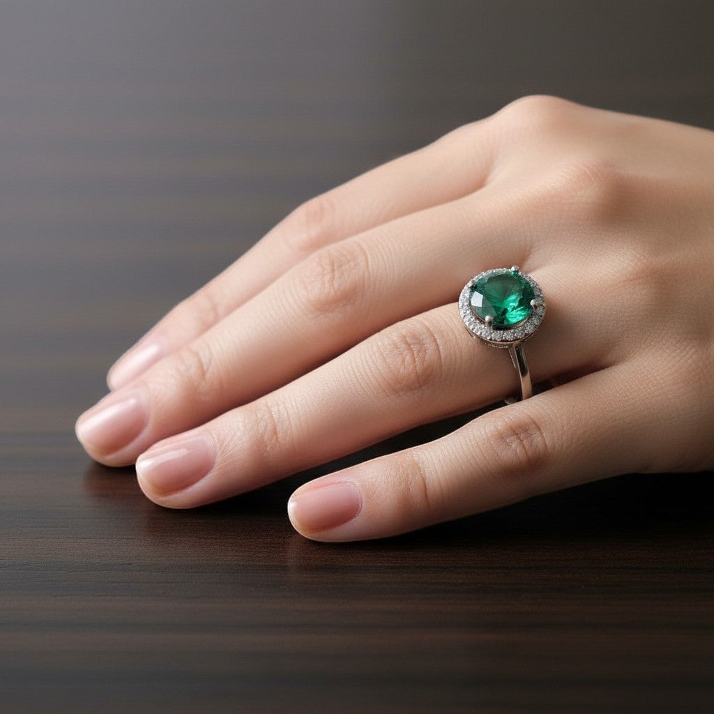 SilverStones.Pk designer ladies ring with a large emerald green zircon stone surrounded by small clear zircon stones.