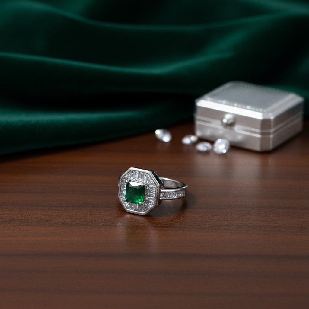 SilverStones.Pk emerald cut green zircon ring with baguette accents, color silver.