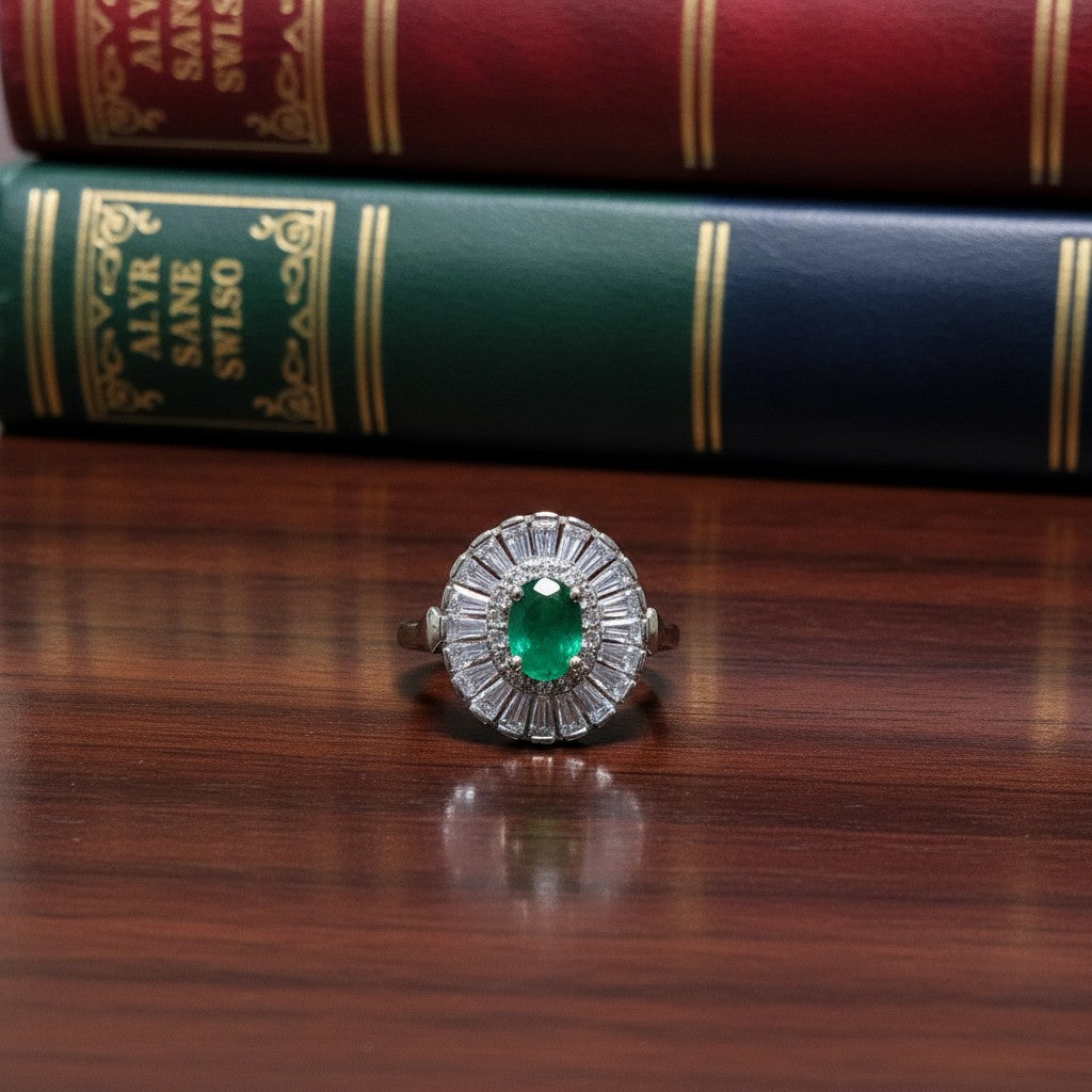SilverStones.Pk oval emerald ring with surrounding baguette-cut zircon stones, color silver, for parties or daily wear.