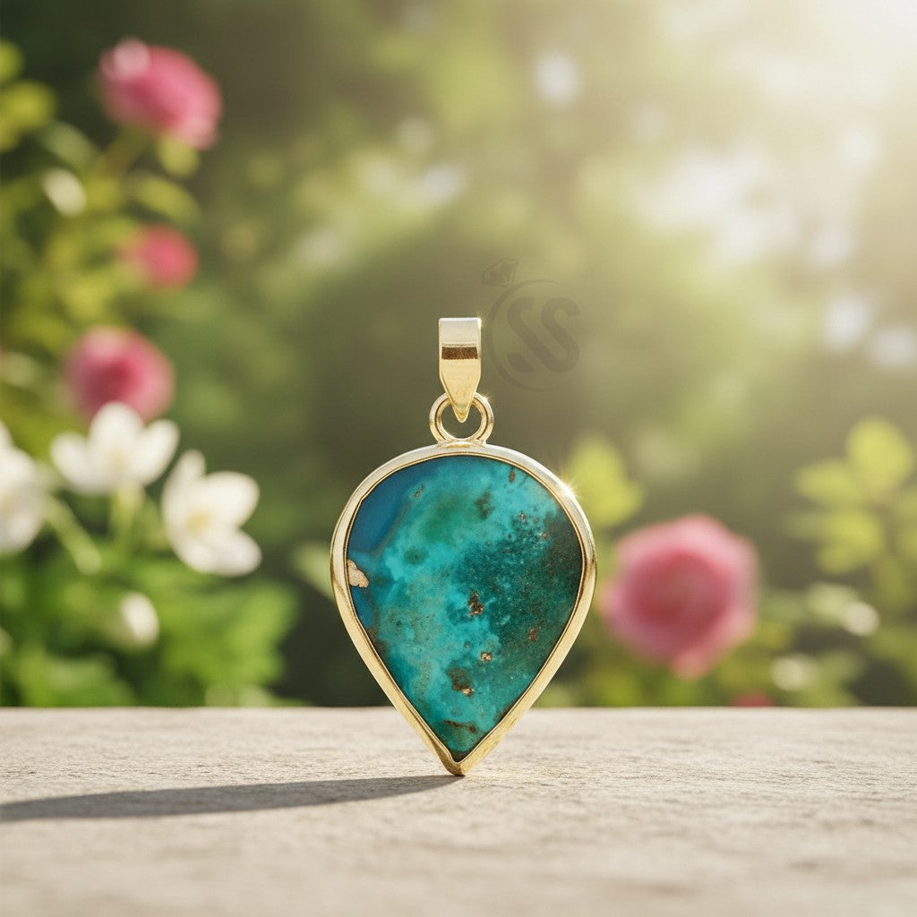 SilverStones.Pk handmade teardrop pendant with real Shajri irani feroza gemstone in blue and green hues, set in silver.