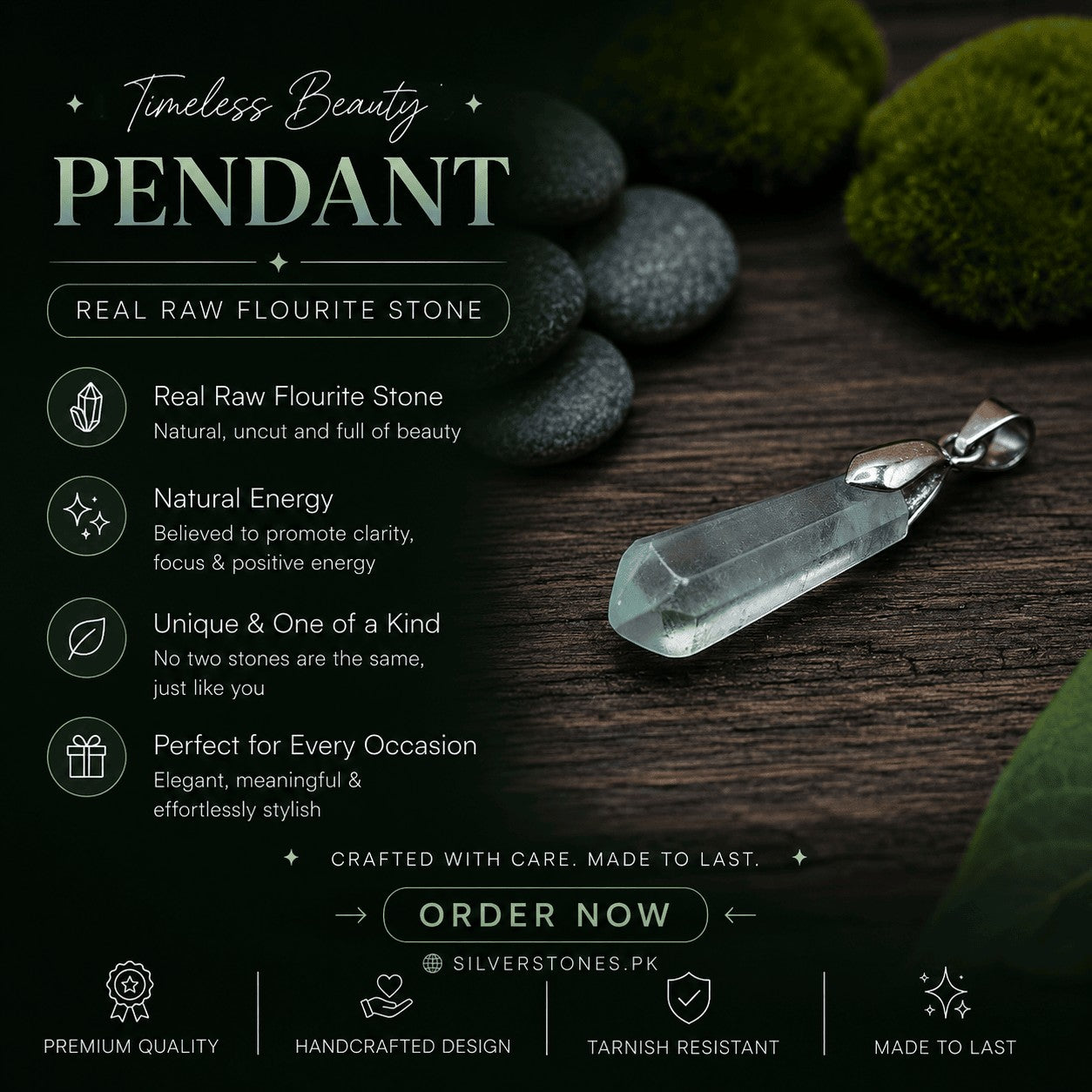 SilverStones.Pk clear faceted fluorite pendant with a silver-tone bail, promoting clarity and focus.