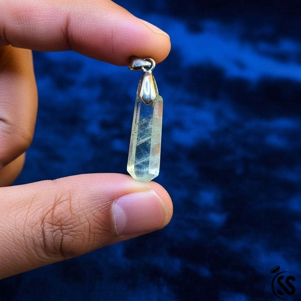 SilverStones.Pk clear and green fluorite stone pendant with nickel-free metal hook, ideal for focus and protection.