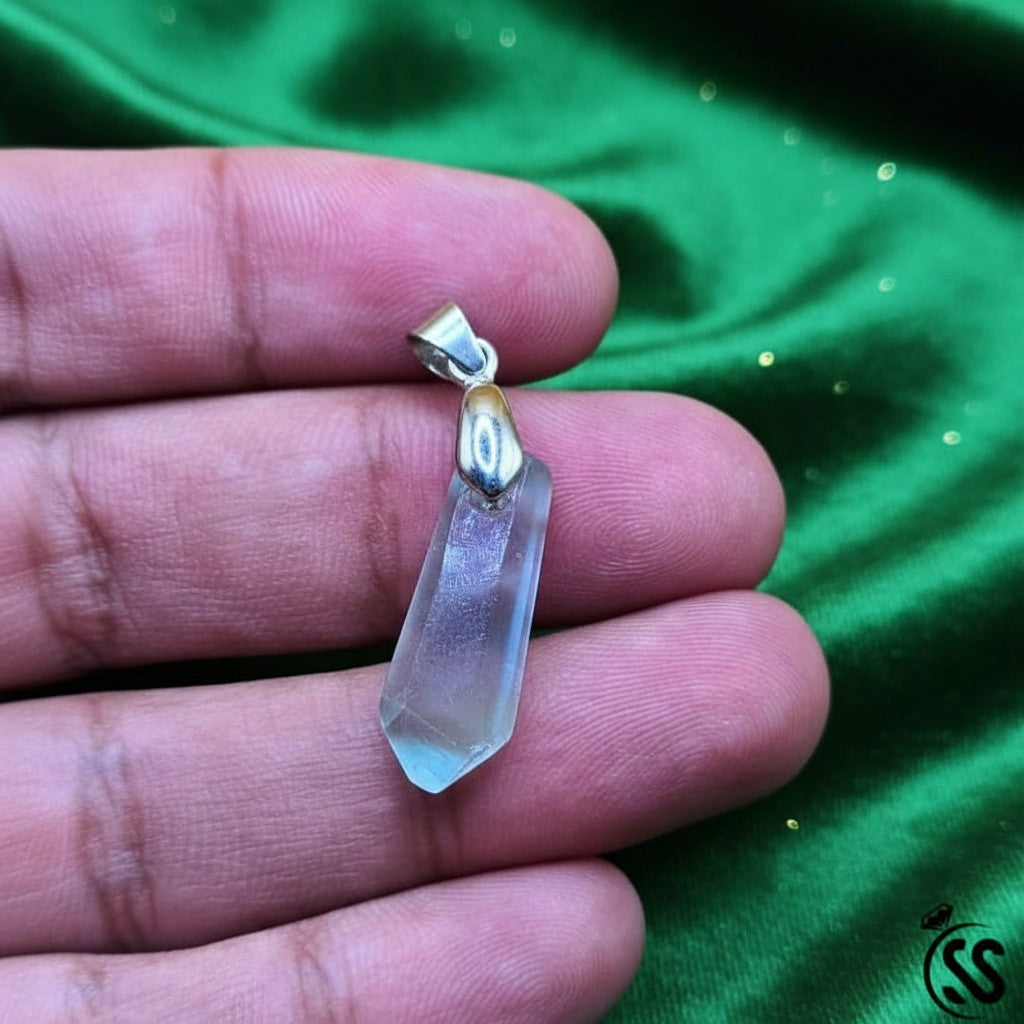 SilverStones.Pk natural fluorite pendant with a clear, faceted stone in light green and purple hues, featuring a nickel-free metal hook.