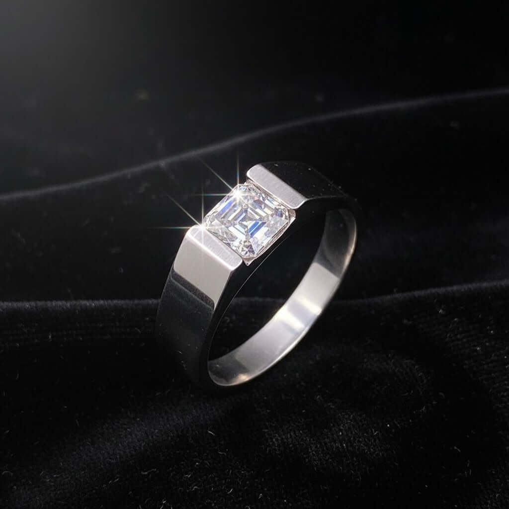 SilverStones.Pk men's pure silver ring with a 1-carat square-cut Moissanite diamond, featuring exceptional brilliance and a timeless design.
