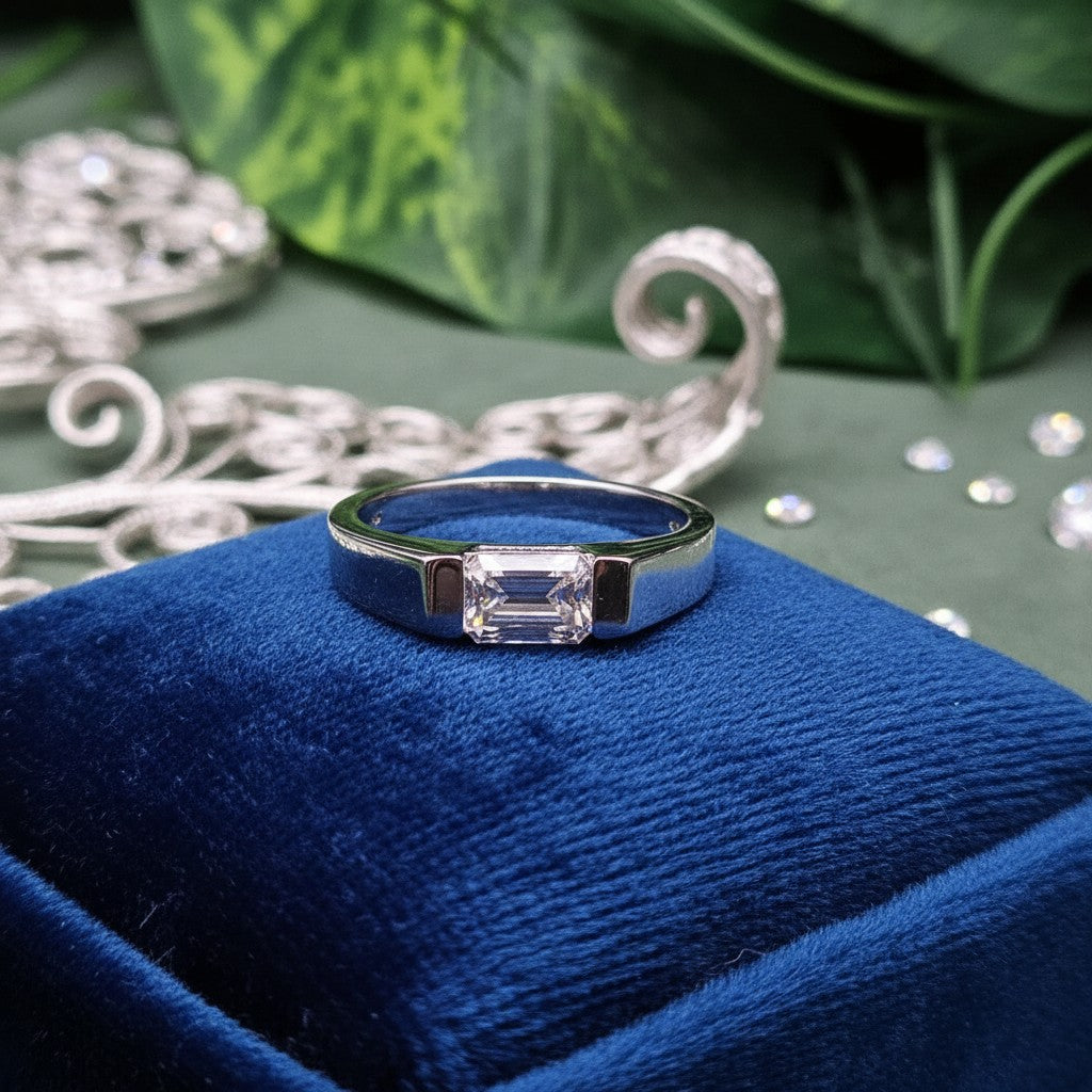 SilverStones.Pk men's pure silver ring with a 1-carat emerald-cut Moissanite diamond, perfect for formal or casual wear.