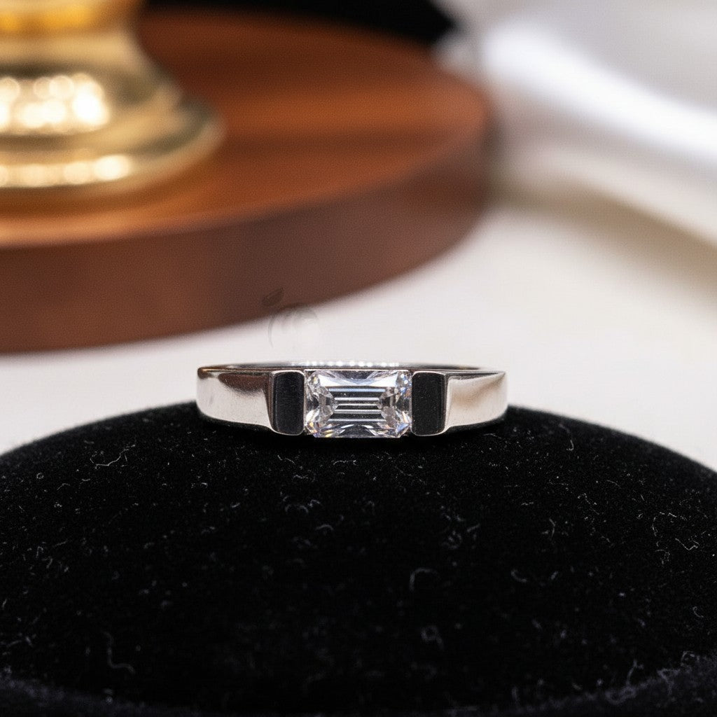 SilverStones.Pk men's pure silver ring with a central baguette-cut moissanite diamond, perfect for formal or casual wear.