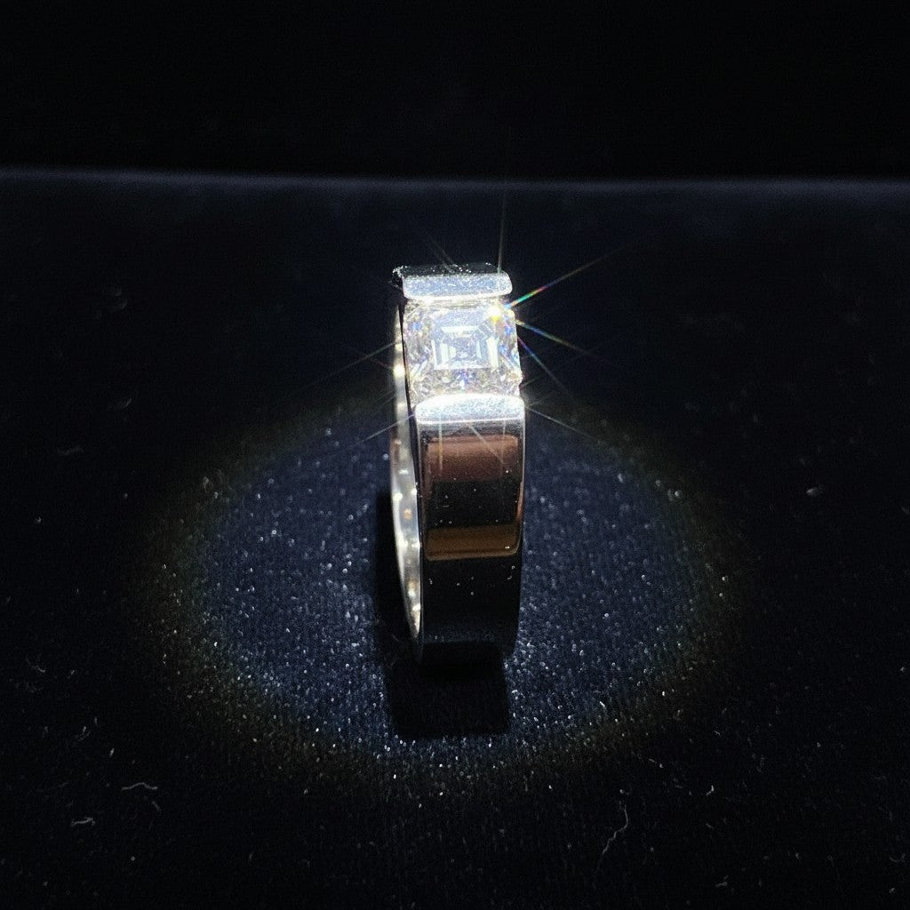 SilverStones.Pk men's pure silver ring with a square-cut Moissanite diamond, perfect for formal or casual wear.
