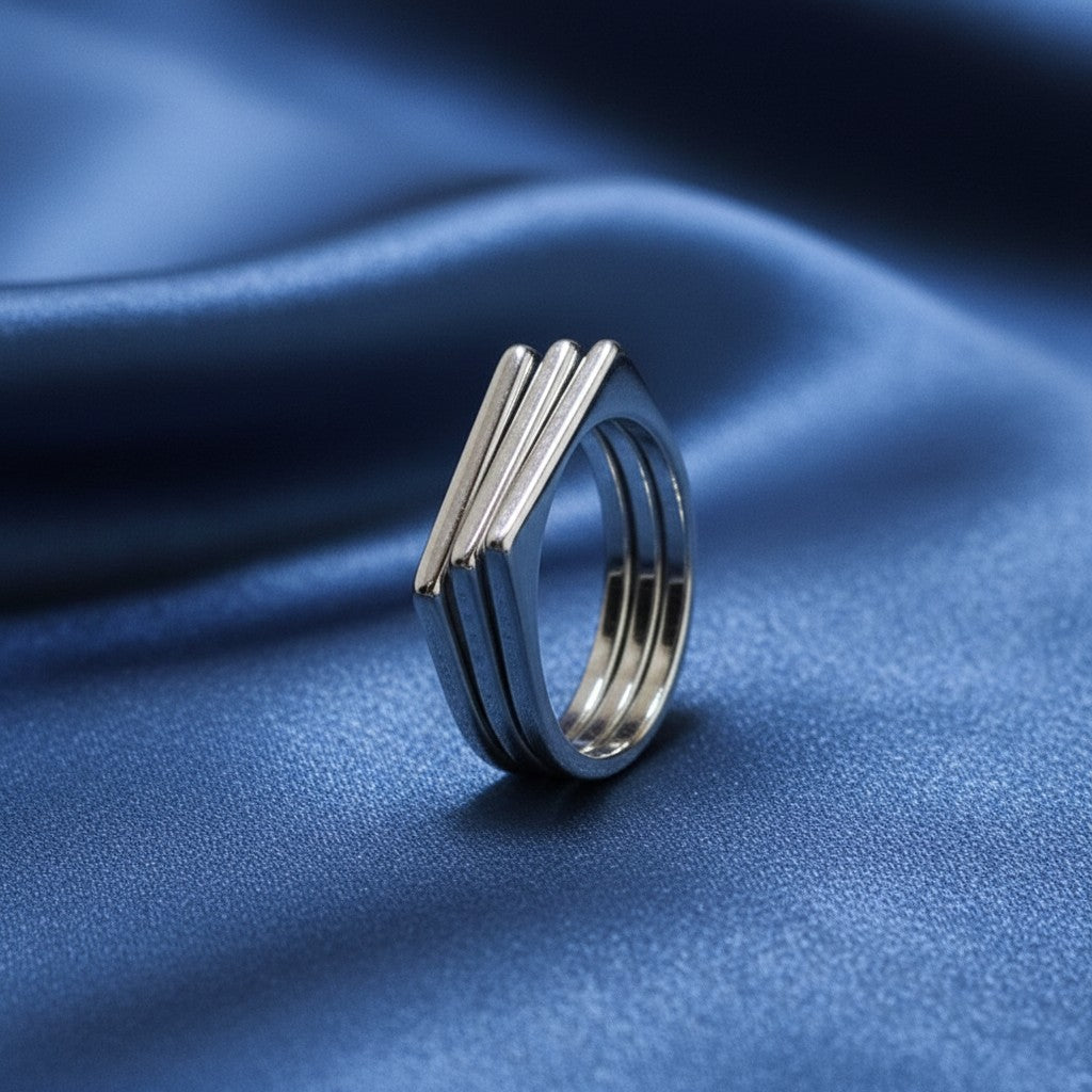 SilverStones.Pk silver-tone imitation ring band with a modern, geometric stacked design. Elegant and durable for everyday wear.