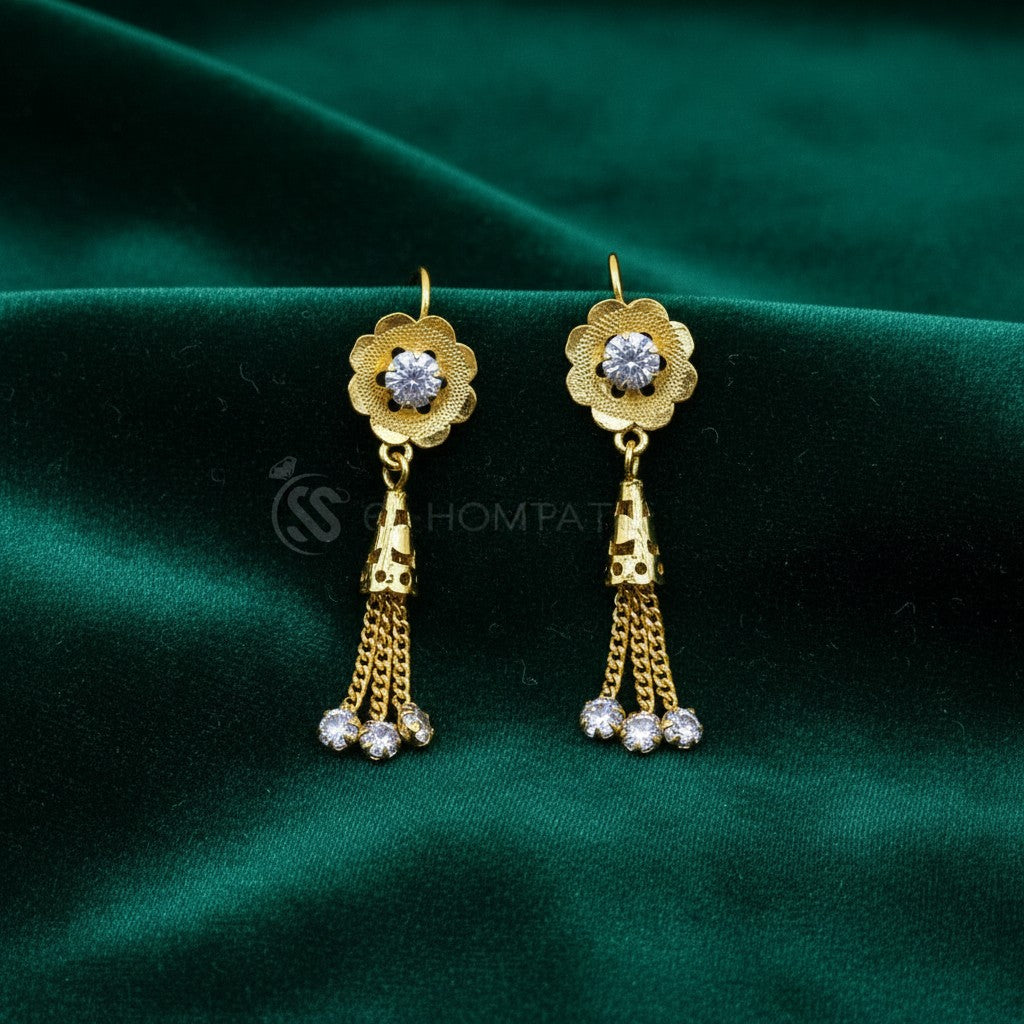 SilverStones.Pk 24 Carat Gold Plated Pure Silver Earrings with clear cubic zirconia stones and dangling chains.