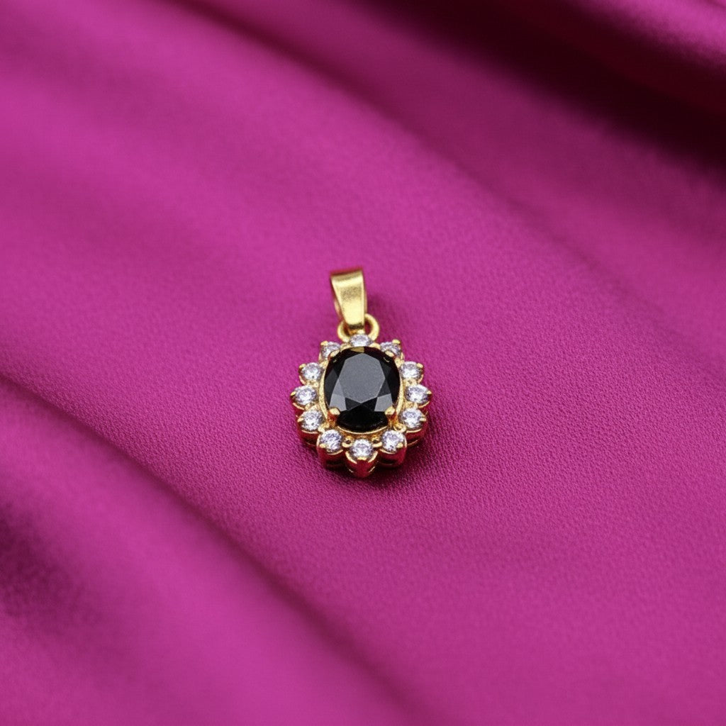 SilverStones.Pk 925 sterling silver pendant with 24K gold plating, featuring a central oval black zircon surrounded by clear zircon stones.