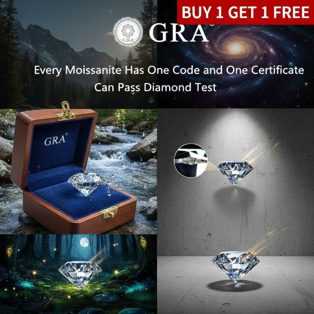 SilverStones.Pk GRA certified D color VVS1 moissanite diamond in a wooden box by a stream, and displayed on a concrete surface.