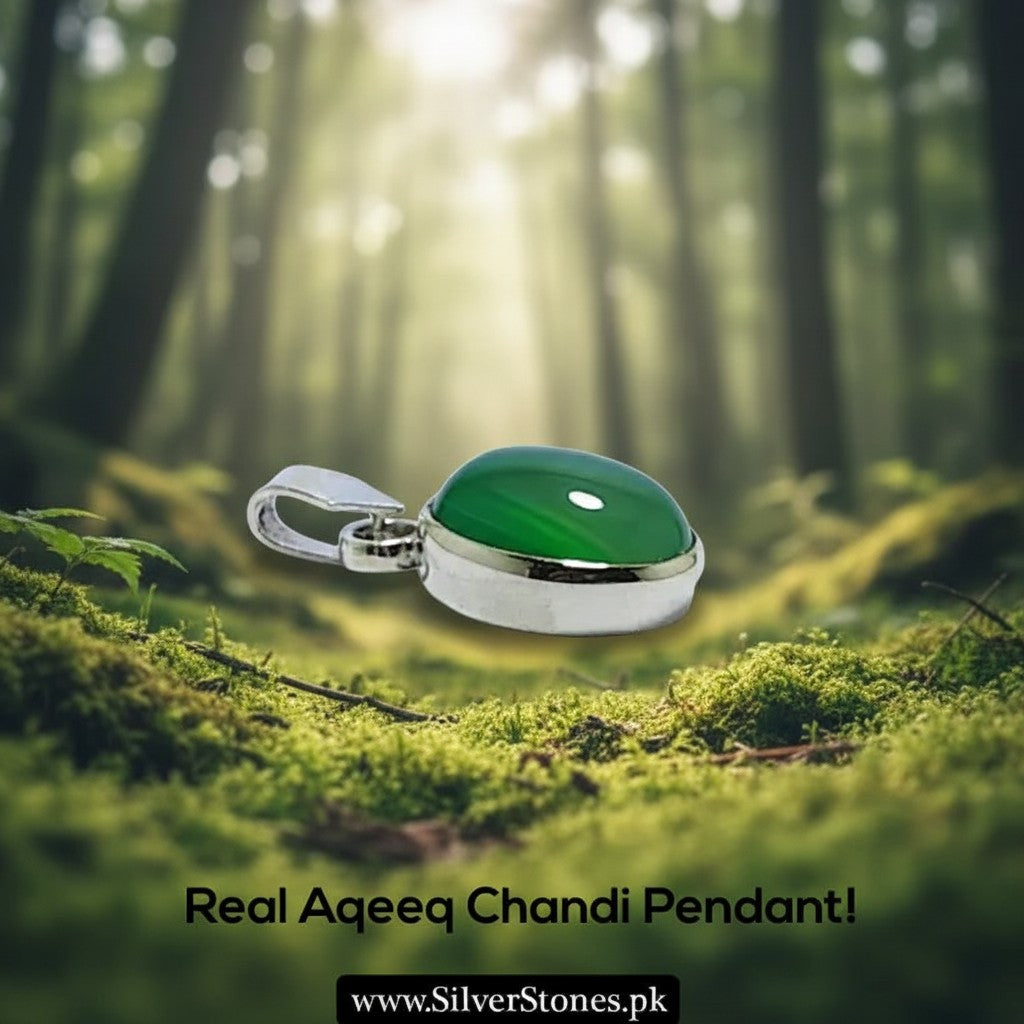 SilverStones.Pk green oval aqeeq gemstone set in a silver chandi pendant.