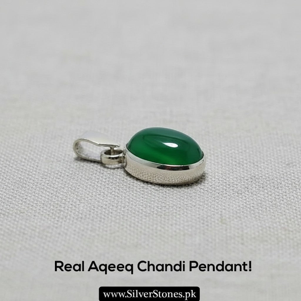 SilverStones.Pk green aqeeq gemstone pendant with silver setting. Oval cabochon cut stone.