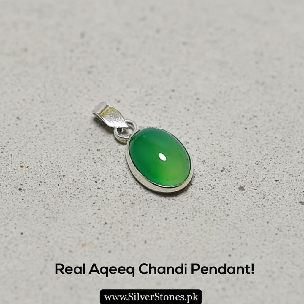 SilverStones.Pk oval green aqeeq gemstone pendant set in silver, symbolizing strength and protection.