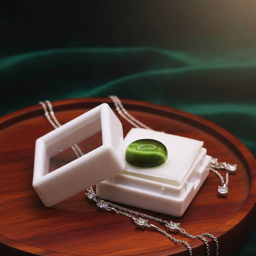 SilverStones.Pk 6.90 carat oval green cat eye gemstone with chatoyancy effect in a white display box.