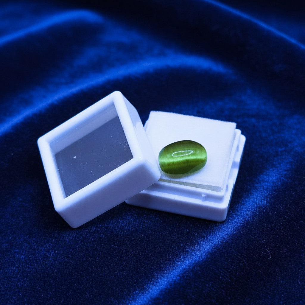 SilverStones.Pk 6.90 carat real green cat eye gemstone with chatoyancy effect in a white display box.