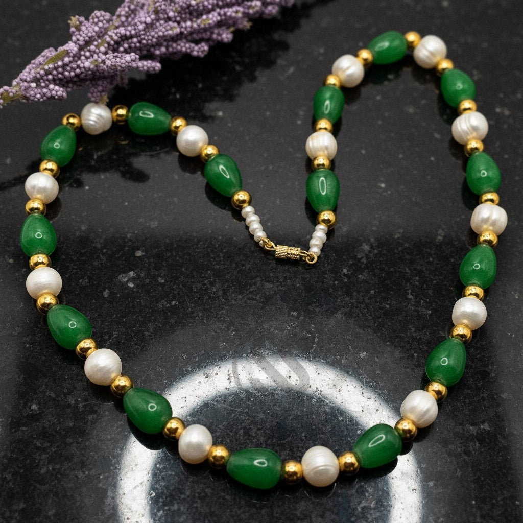 SilverStones.Pk necklace with green jade beads and white pearls, accented with gold beads. Classic design for ladies.