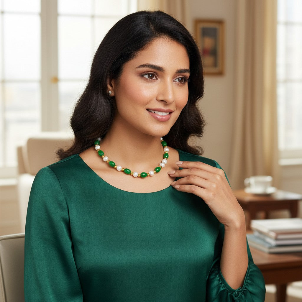 SilverStones.Pk ladies' necklace with green jade and pearl stones, gold accents, and floral blue satin dress.
