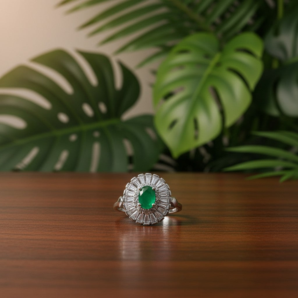 SilverStones.Pk designer ladies ring with oval green zircon center stone surrounded by clear zircon stones, set in silver-tone metal.
