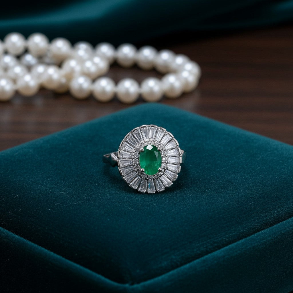 SilverStones.Pk designer ladies ring with oval green zircon center and baguette halo, color silver.