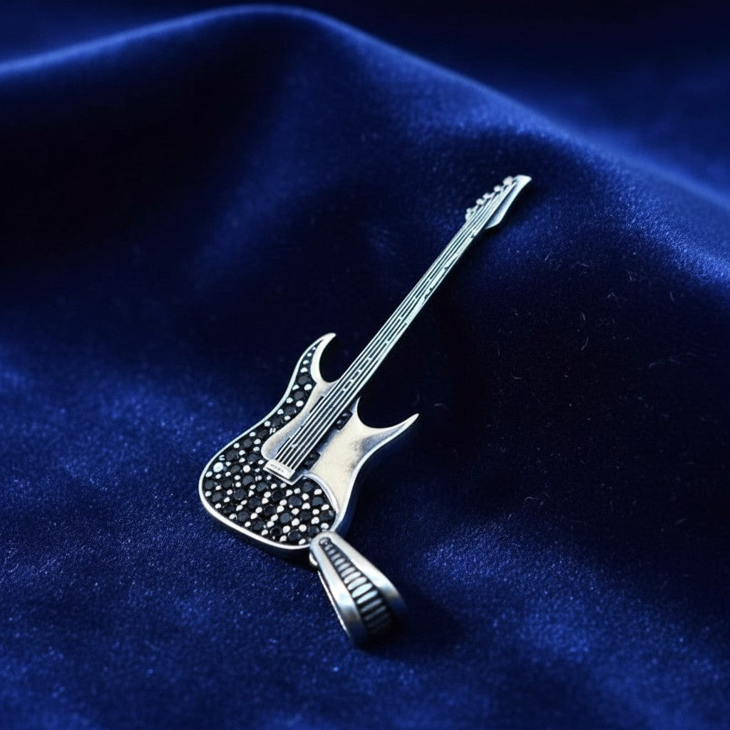SilverStones.Pk 925 sterling silver guitar pendant with black zircon stones, oxidised black finish, for men.