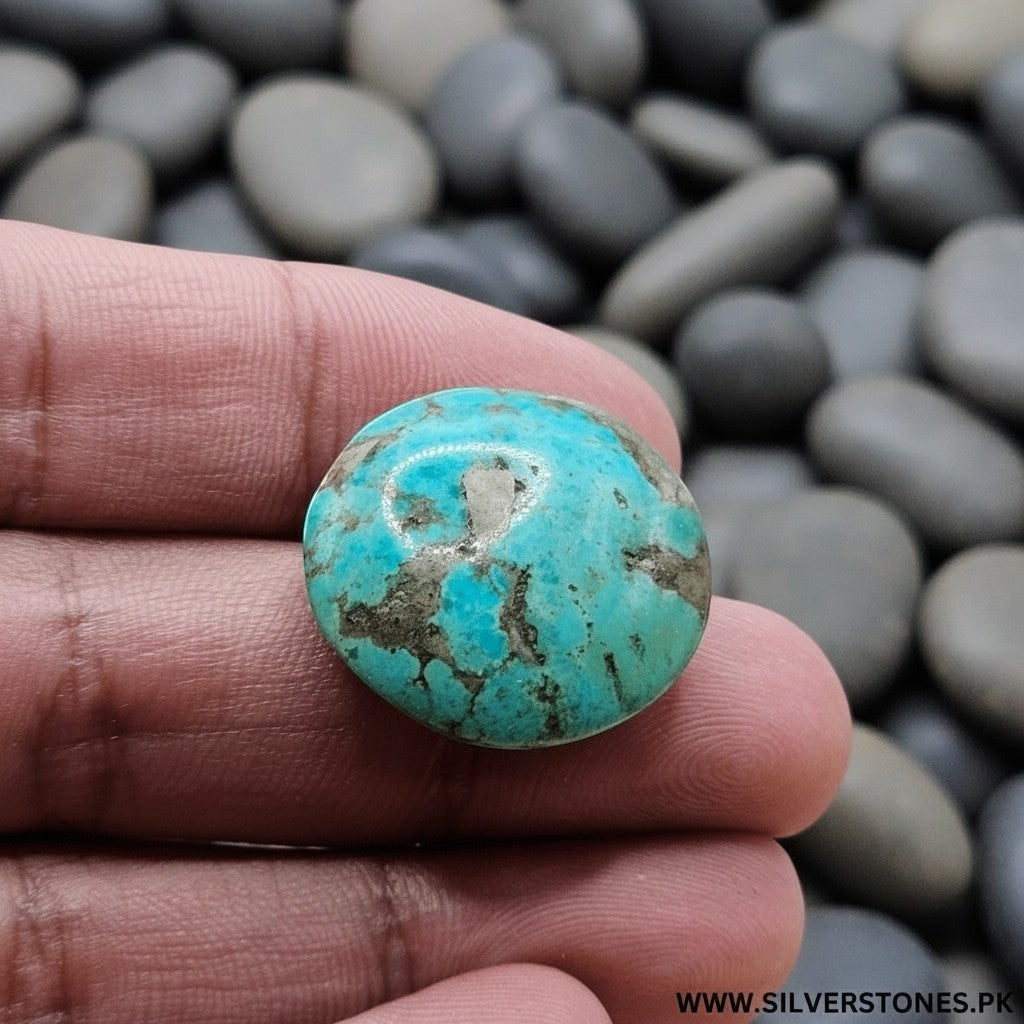 SilverStones.Pk real Shajri Hussaini Feroza turquoise stone, round shape, 43ct, with natural veins and antique design.