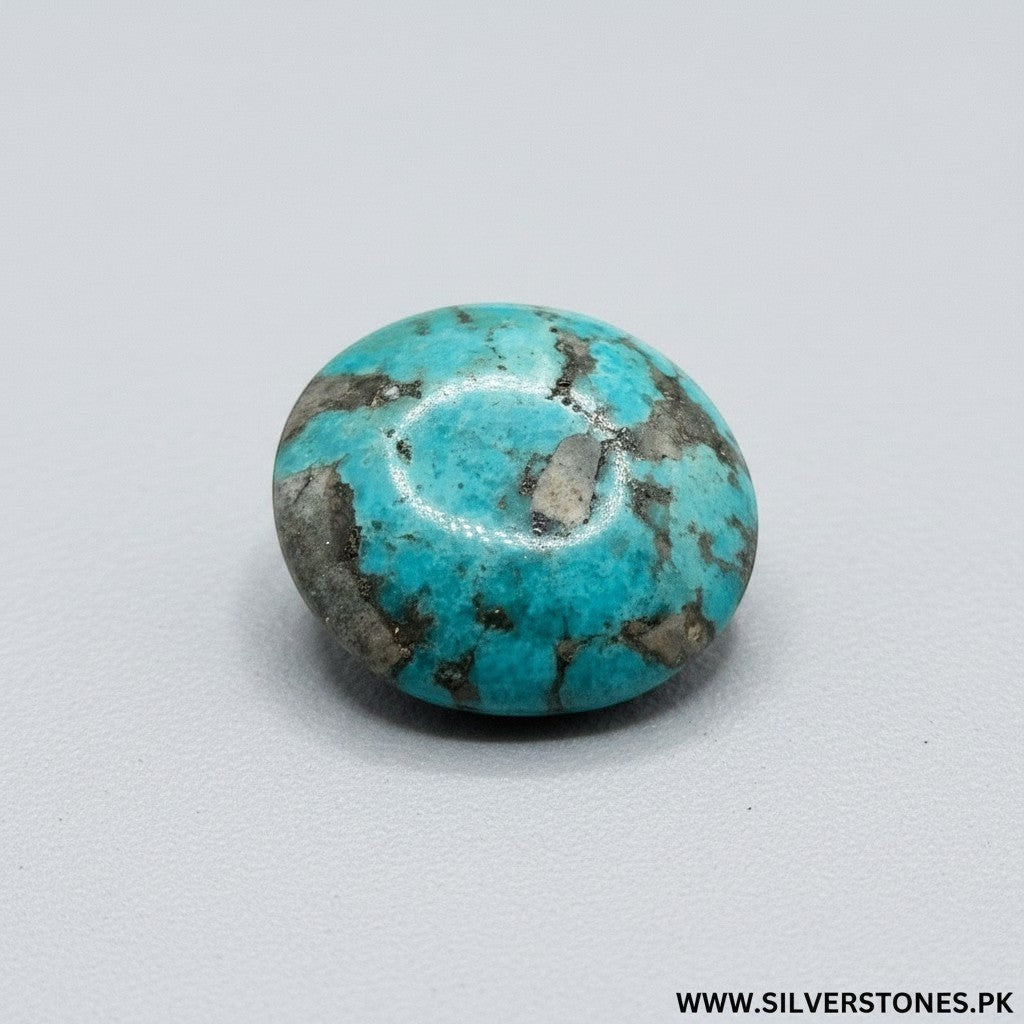 SilverStones.Pk Real Shajri Hussaini Feroza turquoise stone, round shape, 43ct, with natural black veins, antique design.