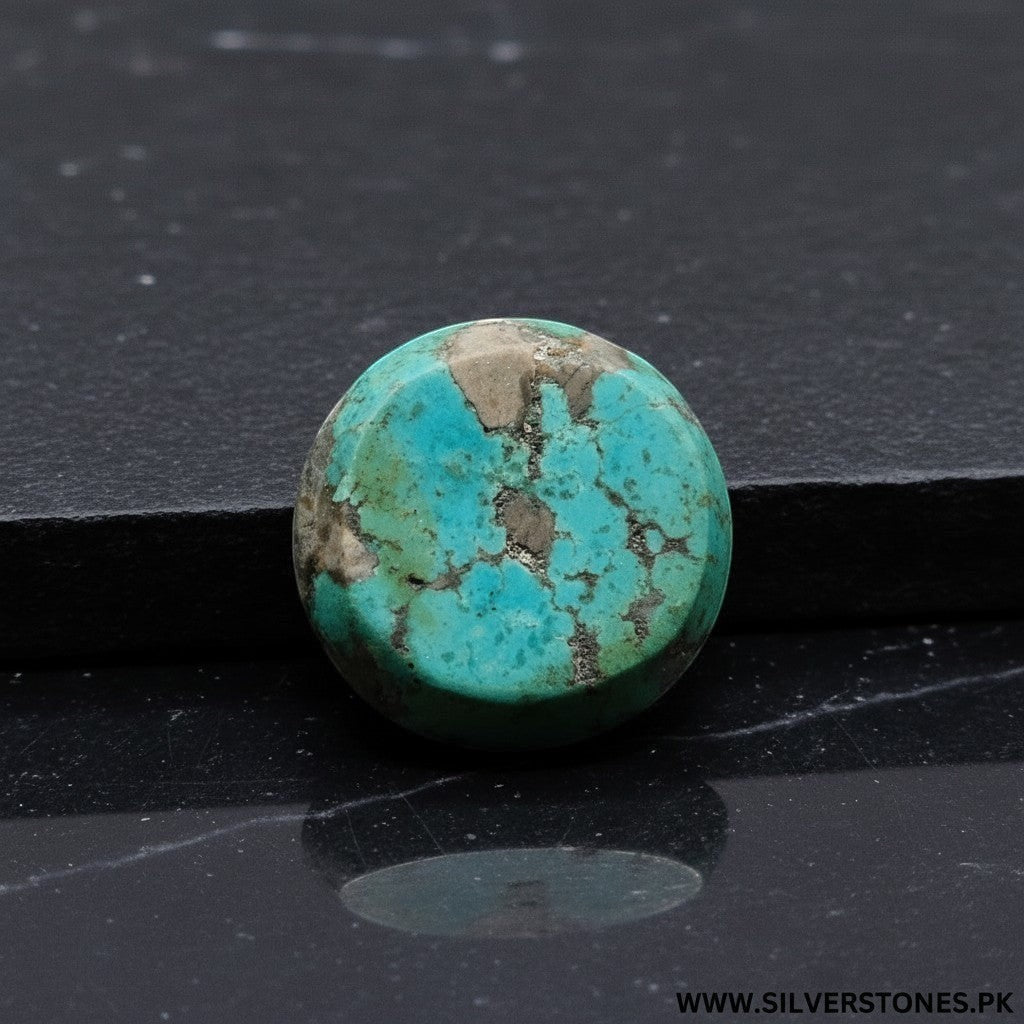SilverStones.Pk round shape 43ct real Shajri Hussaini Feroza turquoise gemstone with natural veins.