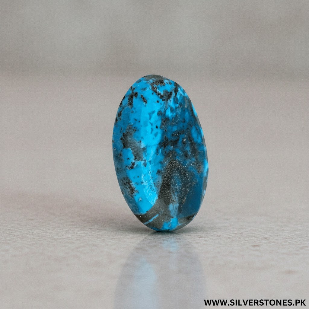 SilverStones.Pk oval-cut Shajri Irani Feroza (Turquoise) gemstone with black veining, 35 carats.