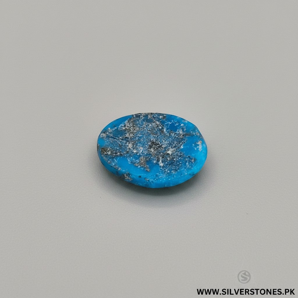 SilverStones.Pk oval Shajri Irani Feroza turquoise stone, 20.40 carat, with natural blue veining and antique charm.
